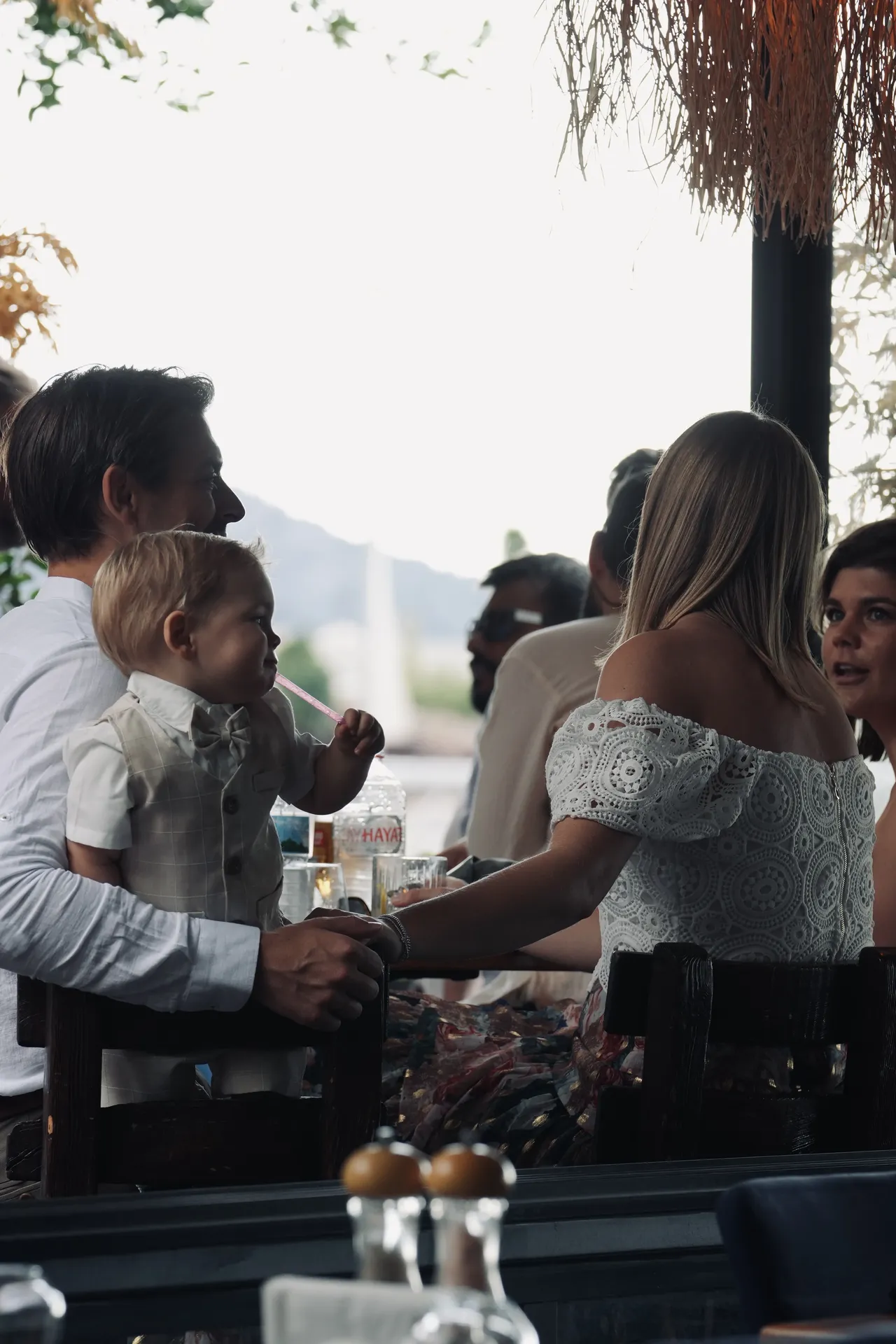 Bride in bohemian wedding dress at Mediterranean beach club venue