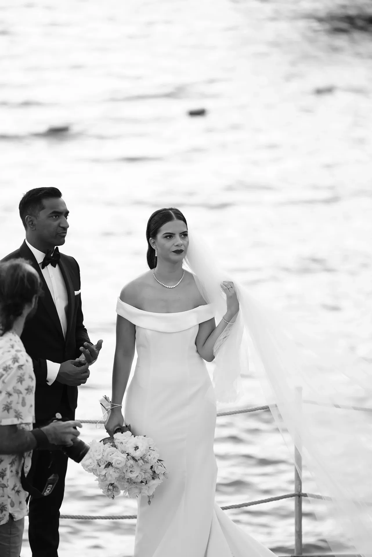 Artistic black and white portrait of wedding couple
